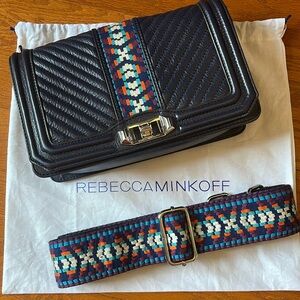 Rebecca Minkoff Jacquard Love Guitar Strap Crossbody Navy